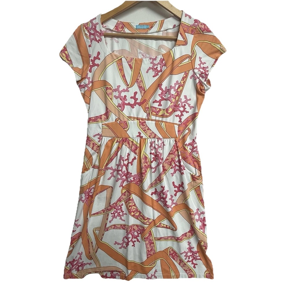 J McLaughlin Catalina Cloth Dress Women M Coral Ribbon Print Pink Orange Stretch
